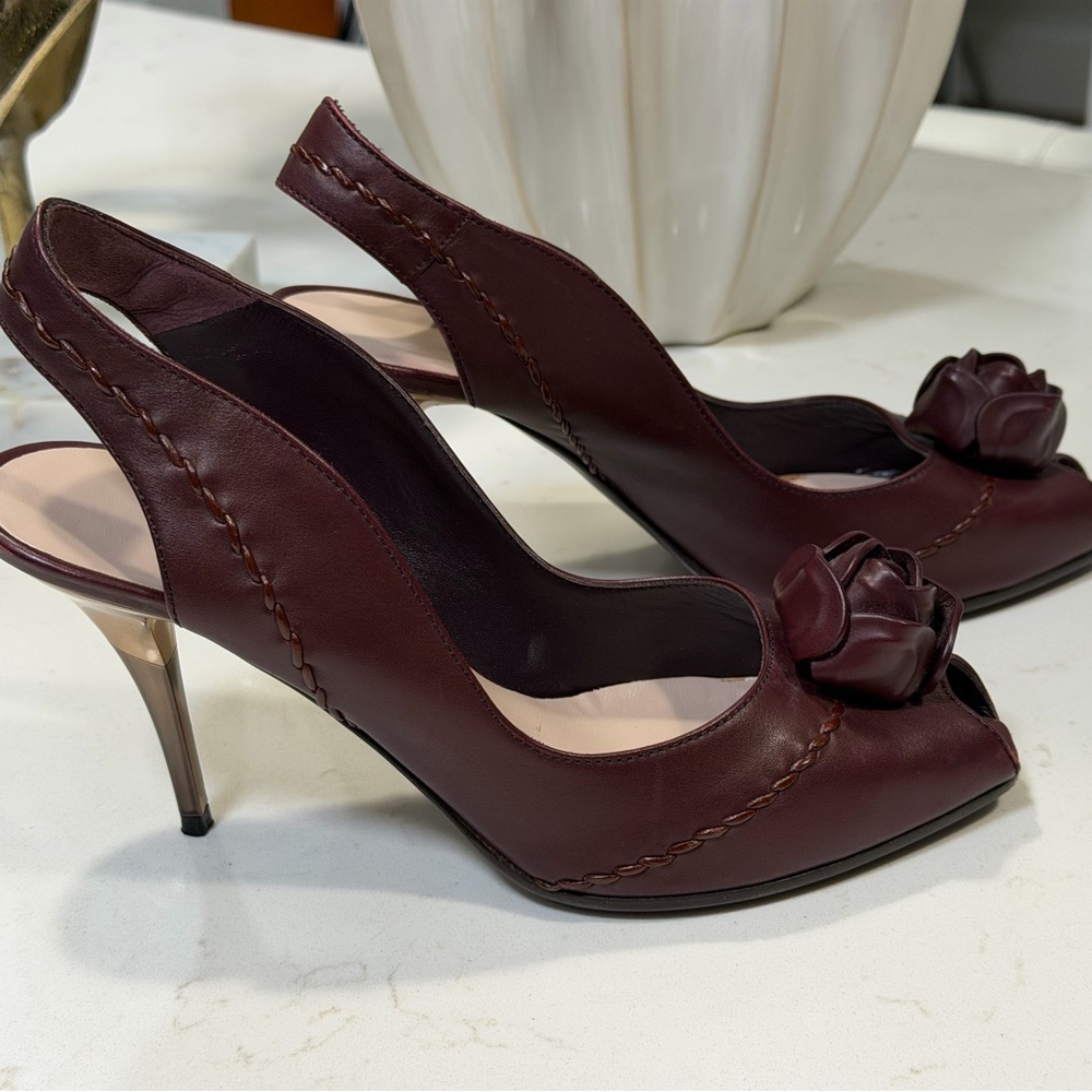 Salvatore Ferragamo Dark Red Peep-Toe Heels - Picture 6 of 10